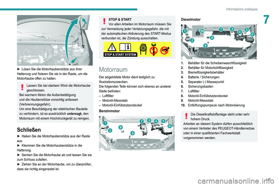 Peugeot 308 2021 Betriebsanleitung (in German) 147
Informations pratiques
7
► Lösen Sie die Motorhaubenstütze aus ihrer
Halterung und fixieren Sie sie in der Raste, um die
Motorhaube offen zu halten.
Lassen Sie bei starkem Wind die Motorha Peugeot 308 2021 Betriebsanleitung (in German) 147
Informations pratiques
7
► Lösen Sie die Motorhaubenstütze aus ihrer
Halterung und fixieren Sie sie in der Raste, um die
Motorhaube offen zu halten.
Lassen Sie bei starkem Wind die Motorha