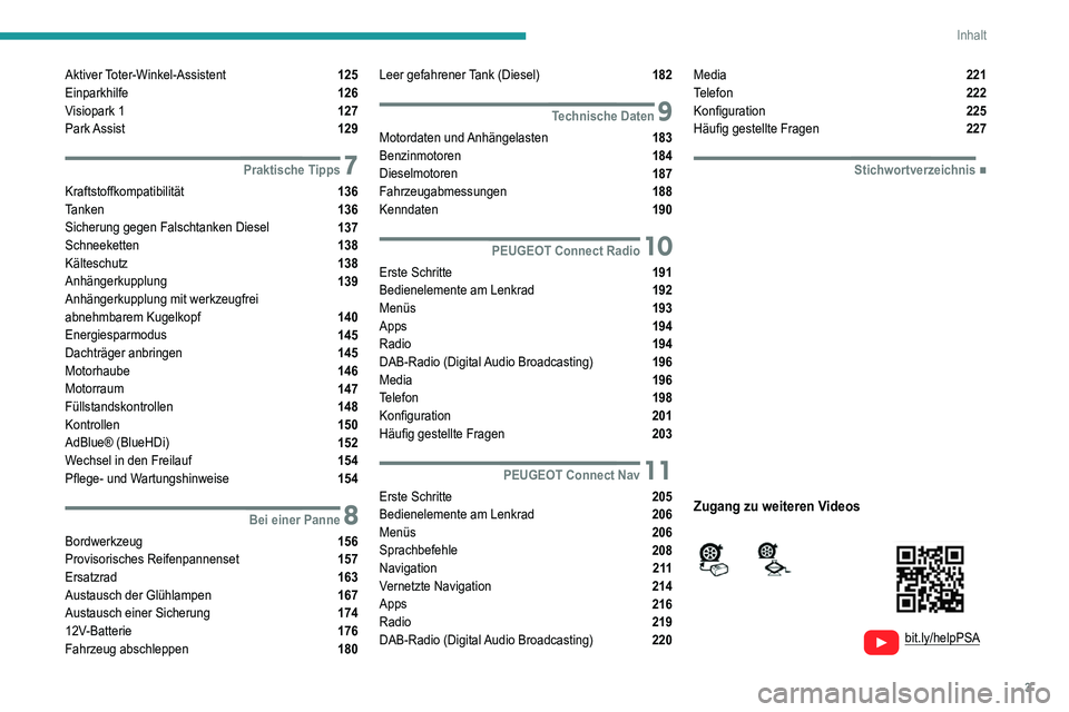Peugeot 308 2021  Betriebsanleitung (in German) 3
Inhalt
  
  
bit.ly/helpPSA 
 
 
Aktiver Toter-Winkel-Assistent  125
Einparkhilfe  126
Visiopark 1  127
Park Assist  129
 7Praktische Tipps
Kraftstoffkompatibilität  136
Tanken  136
Sicherung gegen