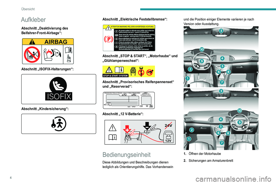 Peugeot 308 2021  Betriebsanleitung (in German) 4
Übersicht
Aufkleber
Abschnitt „Deaktivierung des 
Beifahrer-Front-Airbags“:
 
 
Abschnitt „ISOFIX-Halterungen“: 
������
 
Abschnitt „Kindersicherung“: 
 
Abschnitt „Elektrische Festst