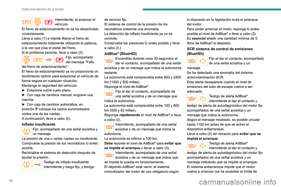 Peugeot 308 2021 Manual del propietario (in Spanish) 12
Instrumentación de a bordo
Intermitente, al arrancar el
vehículo.
El freno de estacionamiento no se ha desactivado
correctamente.
Lleve a cabo (1) e intente liberar el freno de
estacionamiento Peugeot 308 2021 Manual del propietario (in Spanish) 12
Instrumentación de a bordo
Intermitente, al arrancar el
vehículo.
El freno de estacionamiento no se ha desactivado
correctamente.
Lleve a cabo (1) e intente liberar el freno de
estacionamiento