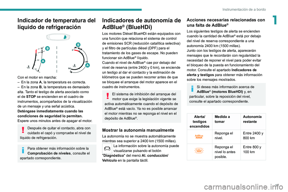 Peugeot 308 2021 Manual del propietario (in Spanish) 17
Instrumentación de a bordo
1Indicador de temperatura del
líquido de refrigeración
Con el motor en marcha:
– En la zona A, la temperatura es correcta.
–
En la zona
B, la temperatura Peugeot 308 2021 Manual del propietario (in Spanish) 17
Instrumentación de a bordo
1Indicador de temperatura del
líquido de refrigeración
Con el motor en marcha:
– En la zona A, la temperatura es correcta.
–
En la zona
B, la temperatura