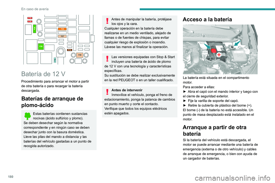 Peugeot 308 2021 Manual del propietario (in Spanish) 180
En caso de avería
Batería de 12 V
Procedimiento para arrancar el motor a partir
de otra batería o para recargar la batería
descargada.
Baterías de arranque de
plomo-ácido
Estas batería Peugeot 308 2021 Manual del propietario (in Spanish) 180
En caso de avería
Batería de 12 V
Procedimiento para arrancar el motor a partir
de otra batería o para recargar la batería
descargada.
Baterías de arranque de
plomo-ácido
Estas batería