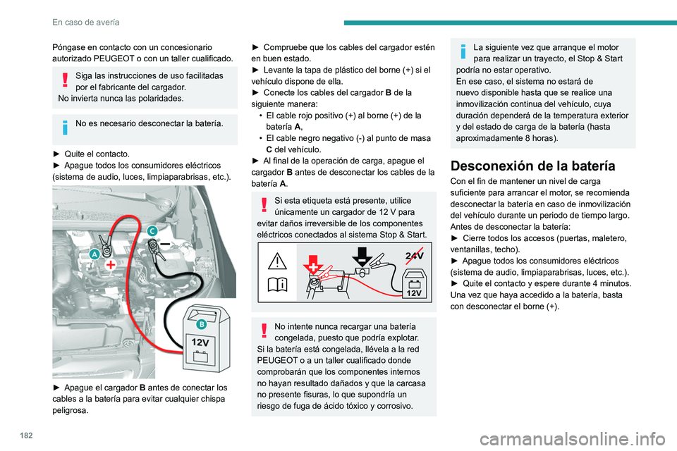 Peugeot 308 2021 Manual del propietario (in Spanish) 182
En caso de avería
Póngase en contacto con un concesionario
autorizado PEUGEOT o con un taller cualificado.
Siga las instrucciones de uso facilitadas
por el fabricante del cargador.
No invierta Peugeot 308 2021 Manual del propietario (in Spanish) 182
En caso de avería
Póngase en contacto con un concesionario
autorizado PEUGEOT o con un taller cualificado.
Siga las instrucciones de uso facilitadas
por el fabricante del cargador.
No invierta