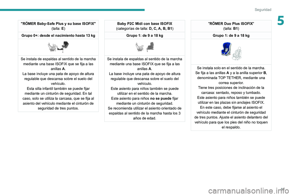 Peugeot 308 2021 Manual del propietario (in Spanish) 81
Seguridad
5"RÖMER Baby-Safe Plus y su base ISOFIX"(talla: E)
Grupo 0+: desde el nacimiento hasta 13 kg
Se instala de espaldas al sentido de la marcha mediante una base ISOFIX que se f Peugeot 308 2021 Manual del propietario (in Spanish) 81
Seguridad
5"RÖMER Baby-Safe Plus y su base ISOFIX"(talla: E)
Grupo 0+: desde el nacimiento hasta 13 kg
Se instala de espaldas al sentido de la marcha mediante una base ISOFIX que se f