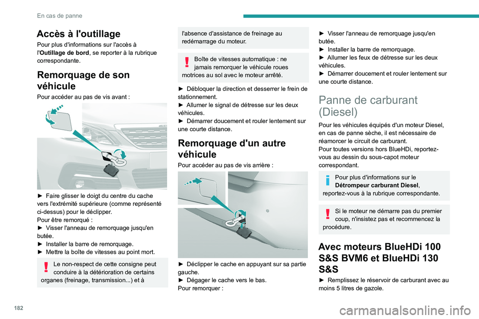 Peugeot 308 2021 Manuel du propriétaire (in French) 182
En cas de panne
Accès à l'outillage
Pour plus d'informations sur l'accès à
l'Outillage de bord, se reporter à la rubrique
correspondante.
Remorquage de son
véhicule
Pour a Peugeot 308 2021 Manuel du propriétaire (in French) 182
En cas de panne
Accès à l'outillage
Pour plus d'informations sur l'accès à
l'Outillage de bord, se reporter à la rubrique
correspondante.
Remorquage de son
véhicule
Pour a