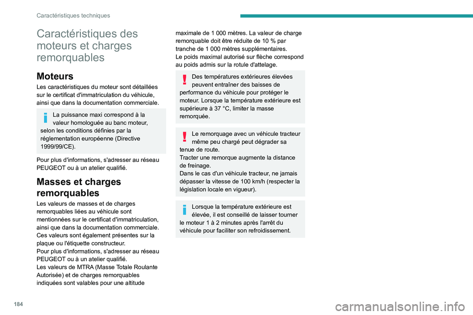 Peugeot 308 2021 Manuel du propriétaire (in French) 184
Caractéristiques techniques
Caractéristiques des
moteurs et charges
remorquables
Moteurs
Les caractéristiques du moteur sont détaillées
sur le certificat d'immatriculation du véhicule Peugeot 308 2021 Manuel du propriétaire (in French) 184
Caractéristiques techniques
Caractéristiques des
moteurs et charges
remorquables
Moteurs
Les caractéristiques du moteur sont détaillées
sur le certificat d'immatriculation du véhicule