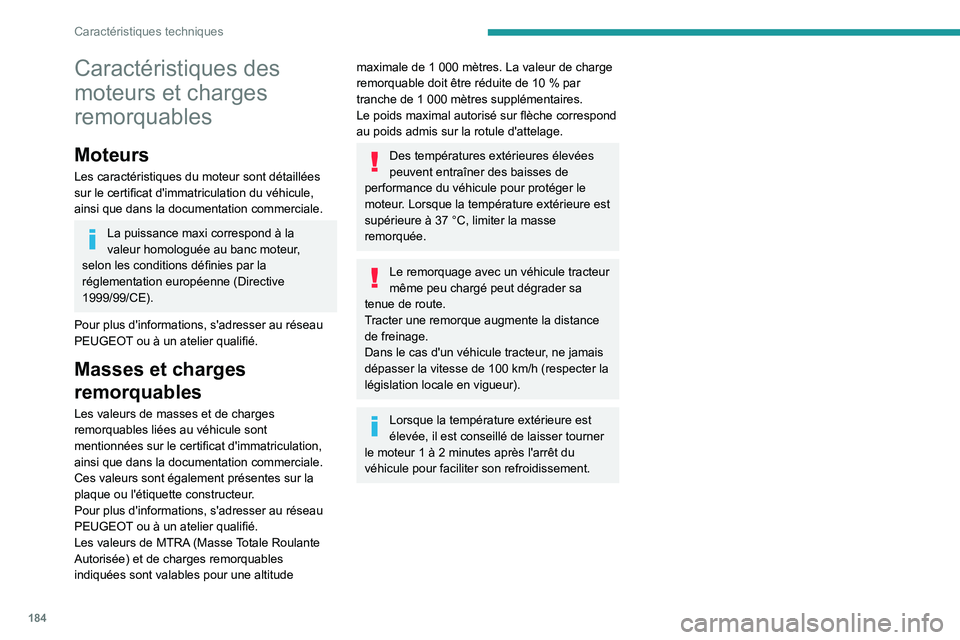 Peugeot 308 2021  Manuel du propriétaire (in French) 184
Caractéristiques techniques
Caractéristiques des 
moteurs et charges 
remorquables
Moteurs
Les caractéristiques du moteur sont détaillées 
sur le certificat d'immatriculation du véhicule