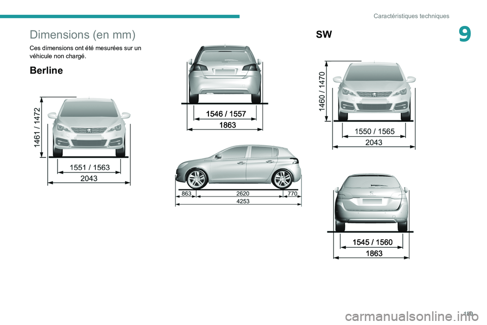 Peugeot 308 2021  Manuel du propriétaire (in French) 189
Caractéristiques techniques
9Dimensions (en mm) 
Ces dimensions ont été mesurées sur un 
véhicule non chargé. 
Berline 
 
SW   