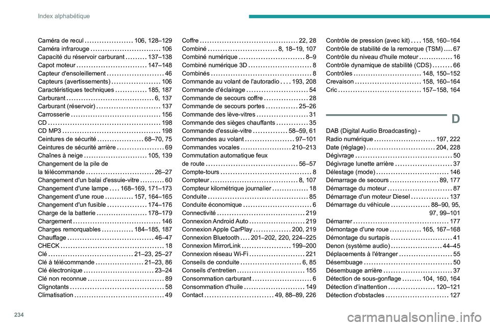 Peugeot 308 2021  Manuel du propriétaire (in French) 234
Index alphabétique
Caméra de recul     106, 128–129
Caméra infrarouge     
106
Capacité du réservoir carburant
    
137–138
Capot moteur
    
147–148
Capteur d'ensoleillement
    
4