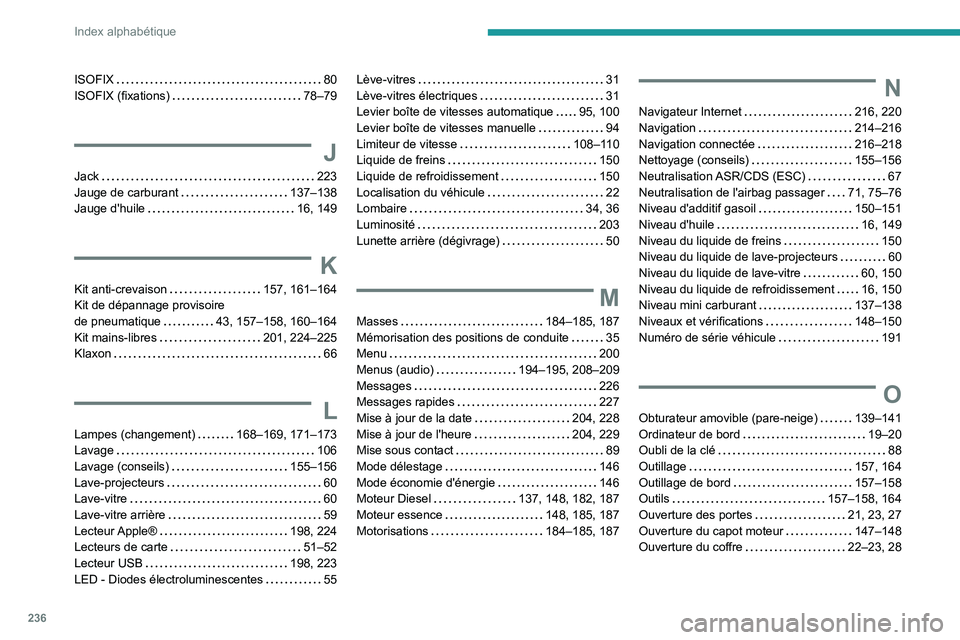 Peugeot 308 2021  Manuel du propriétaire (in French) 236
Index alphabétique
ISOFIX     80
ISOFIX (fixations)     
78–79
J
Jack    223
Jauge de carburant     
137–138
Jauge d'huile
    
16, 149
K
Kit anti-crevaison     157, 161–164
Kit de dép