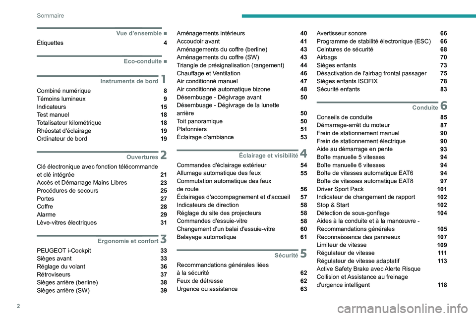 Peugeot 308 2021  Manuel du propriétaire (in French) 2
Sommaire
 
 
 
 
 
   ■
Vue d’ensemble
Étiquettes  4
  ■
Eco-conduite
 1Instruments de bord
Combiné numérique  8
Témoins lumineux  9
Indicateurs  15
Test manuel  18
Totalisateur kilom�
