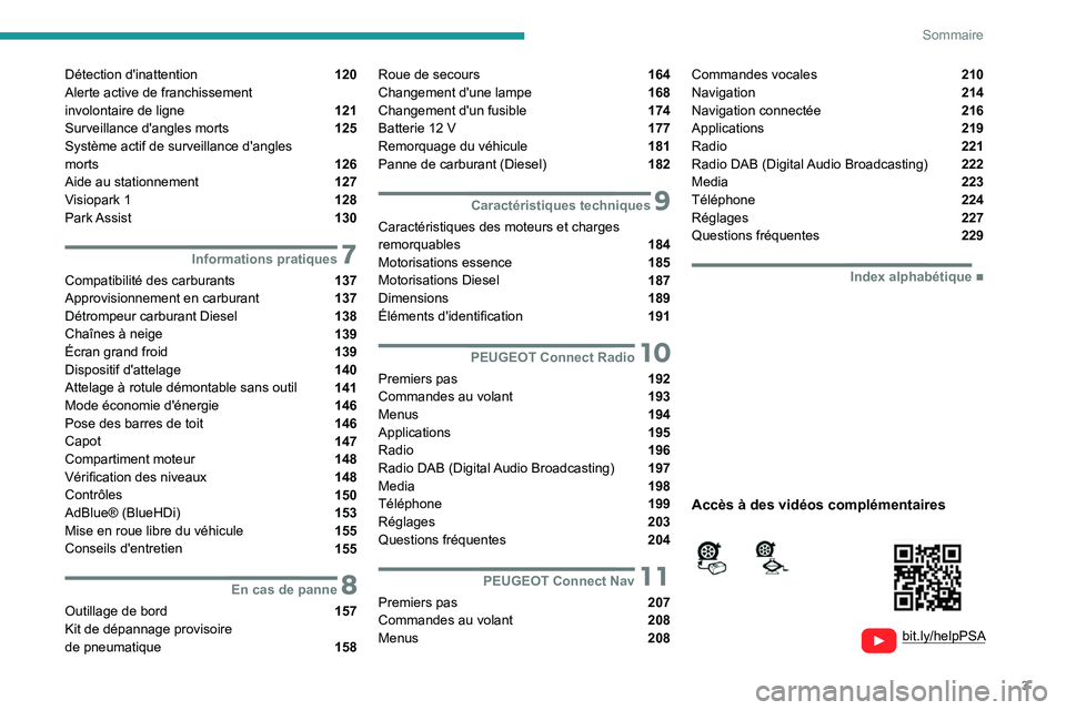 Peugeot 308 2021  Manuel du propriétaire (in French) 3
Sommaire
  
  
bit.ly/helpPSA 
 
 
Détection d'inattention  120
Alerte active de franchissement  
involontaire de ligne 
 121
Surveillance d'angles morts  125
Système actif de surveillance