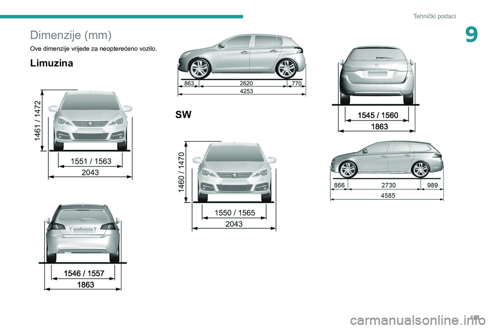 Peugeot 308 2021 Vodič za korisnike (in Croatian) 181
Tehnički podaci
9Dimenzije (mm)
Ove dimenzije vrijede za neopterećeno vozilo.
Limuzina
SW
Peugeot 308 2021 Vodič za korisnike (in Croatian) 181
Tehnički podaci
9Dimenzije (mm)
Ove dimenzije vrijede za neopterećeno vozilo.
Limuzina
SW