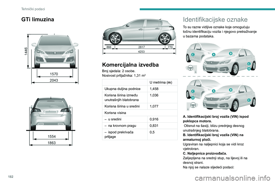 Peugeot 308 2021 Vodič za korisnike (in Croatian) 182
Tehnički podaci
– naziv proizvođača.
– broj homologacije u Europskoj uniji.
– Identifikacijski broj vozila (VIN).
– Najveća tehnički dopuštena masa
opterećenog vozila (MTAC).
Peugeot 308 2021 Vodič za korisnike (in Croatian) 182
Tehnički podaci
– naziv proizvođača.
– broj homologacije u Europskoj uniji.
– Identifikacijski broj vozila (VIN).
– Najveća tehnički dopuštena masa
opterećenog vozila (MTAC).