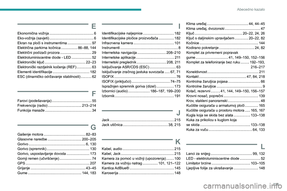Peugeot 308 2021 Vodič za korisnike (in Croatian) 225
Abecedno kazalo
E
Ekonomična vožnja 6
Eko-vožnja (savjeti)
6
Ekran na ploči s instrumentima
97
Električna parkirna kočnica
86–88, 144
Električni podizači prozora
Peugeot 308 2021 Vodič za korisnike (in Croatian) 225
Abecedno kazalo
E
Ekonomična vožnja 6
Eko-vožnja (savjeti)
6
Ekran na ploči s instrumentima
97
Električna parkirna kočnica
86–88, 144
Električni podizači prozora