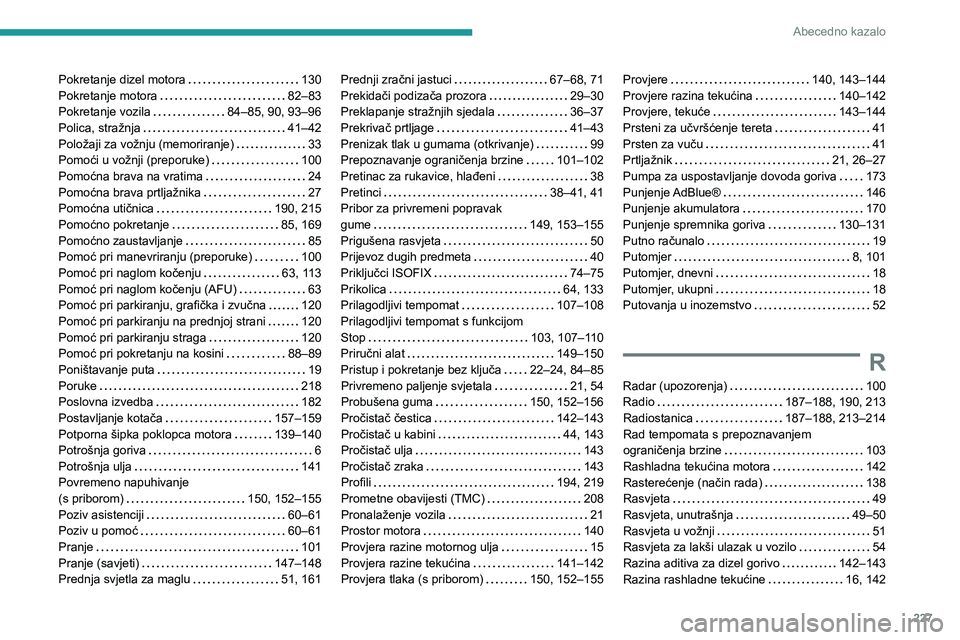 Peugeot 308 2021 Vodič za korisnike (in Croatian) 227
Abecedno kazalo
Pokretanje dizel motora 130
Pokretanje motora
82–83
Pokretanje vozila
84–85, 90, 93–96
Polica, stražnja
41–42
Položaji za vožnju (memoriranje)
33 Peugeot 308 2021 Vodič za korisnike (in Croatian) 227
Abecedno kazalo
Pokretanje dizel motora 130
Pokretanje motora
82–83
Pokretanje vozila
84–85, 90, 93–96
Polica, stražnja
41–42
Položaji za vožnju (memoriranje)
33