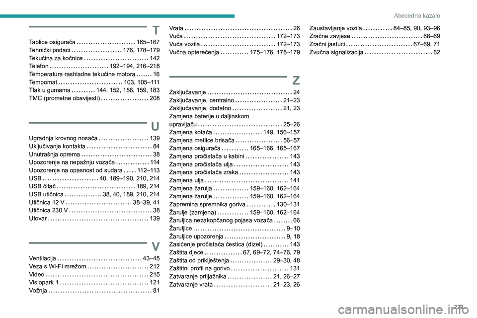 Peugeot 308 2021  Vodič za korisnike (in Croatian) 229
Abecedno kazalo
T
Tablice osigurača     165–167
Tehnički podaci     
176, 178–179
Tekućina za kočnice
    
142
Telefon
    
192–194, 216–218
Temperatura rashladne tekućine motora
    