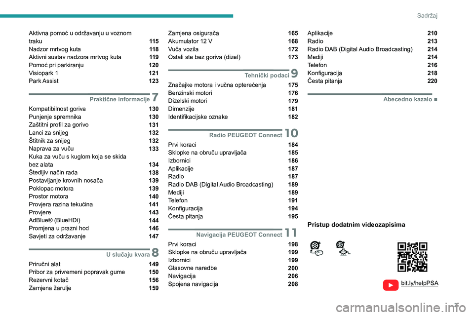 Peugeot 308 2021  Vodič za korisnike (in Croatian) 3
Sadržaj
  
  
bit.ly/helpPSA
 
 
 
Aktivna pomoć u održavanju u voznom   
traku  11 5
Nadzor mrtvog kuta  11 8
Aktivni sustav nadzora mrtvog kuta  11 9
Pomoć pri parkiranju  120
Visiopark 1  121