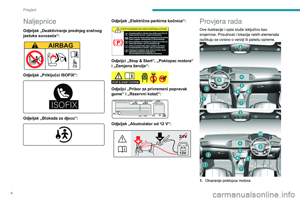 Peugeot 308 2021  Vodič za korisnike (in Croatian) 4
Pregled
Naljepnice
Odjeljak „Deaktiviranje prednjeg zračnog 
jastuka suvozača“:
 
 
Odjeljak „Priključci ISOFIX“: 
������
 
Odjeljak „Blokada za djecu“: 
 
Odjeljak „Električna par