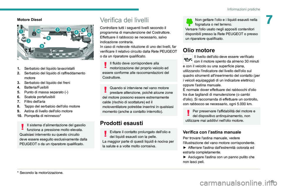 Peugeot 308 2021 Manuale del proprietario (in Italian) 149
Informazioni pratiche
7Motore Diesel
1.Serbatoio del liquido lavacristalli
2. Serbatoio del liquido di raffreddamento
motore
3. Serbatoio del liquido dei freni
4. Batteria/Fusibili
5. Punto di Peugeot 308 2021 Manuale del proprietario (in Italian) 149
Informazioni pratiche
7Motore Diesel
1.Serbatoio del liquido lavacristalli
2. Serbatoio del liquido di raffreddamento
motore
3. Serbatoio del liquido dei freni
4. Batteria/Fusibili
5. Punto di