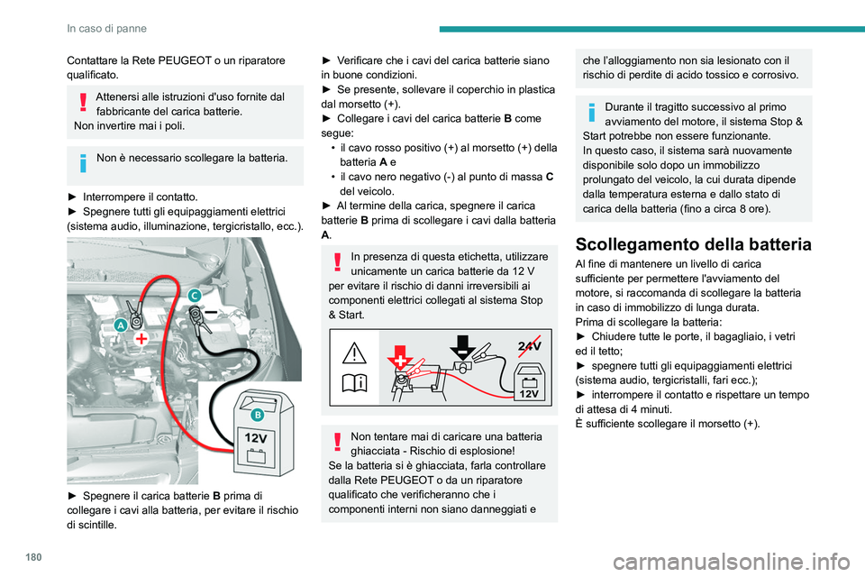 Peugeot 308 2021 Manuale del proprietario (in Italian) 180
In caso di panne
Contattare la Rete PEUGEOT o un riparatore
qualificato.
Attenersi alle istruzioni d'uso fornite dal fabbricante del carica batterie.
Non invertire mai i poli.
Non è necessar Peugeot 308 2021 Manuale del proprietario (in Italian) 180
In caso di panne
Contattare la Rete PEUGEOT o un riparatore
qualificato.
Attenersi alle istruzioni d'uso fornite dal fabbricante del carica batterie.
Non invertire mai i poli.
Non è necessar