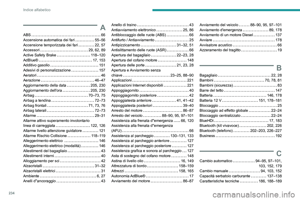 Peugeot 308 2021  Manuale del proprietario (in Italian) 234
Indice alfabetico
A
ABS    66
Accensione automatica dei fari     
55–56
Accensione temporizzata dei fari
    
22, 57
Accessori
    
29, 62, 89
Active Safety Brake
    
118–120
AdBlue®
    
17
