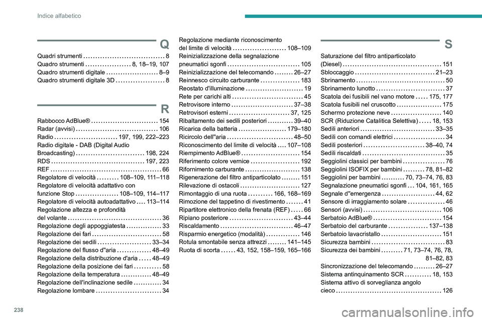 Peugeot 308 2021  Manuale del proprietario (in Italian) 238
Indice alfabetico
Q
Quadri strumenti    8
Quadro strumenti    
8, 18–19, 107
Quadro strumenti digitale
    
8–9
Quadro strumenti digitale 3D
    
8
R
Rabbocco AdBlue®     154
Radar (avvisi)  