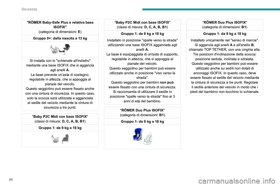 Peugeot 308 2021  Manuale del proprietario (in Italian) 80
Sicurezza
Ubicazione dei seggiolini ISOFIX per bambini
Conformemente alle normative europee, questa tabella mostra le possibili\
 collocazioni dei seggiolini ISOFIX per bambini sui sedili equipaggi