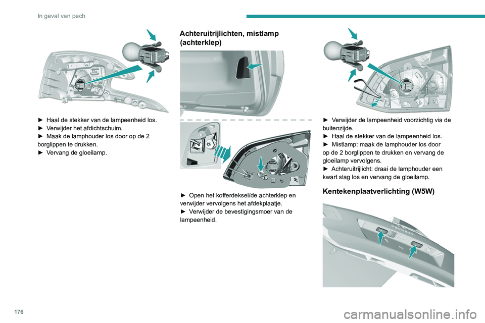 Peugeot 308 2021  Handleiding (in Dutch) 176
In geval van pech
 
► Haal de stekker van de lampeenheid los.
►  V erwijder het afdichtschuim.
►
 
Maak de lamphouder los door op de 2 
borglippen te drukken.
►

 
V
 ervang de gloeilamp.
