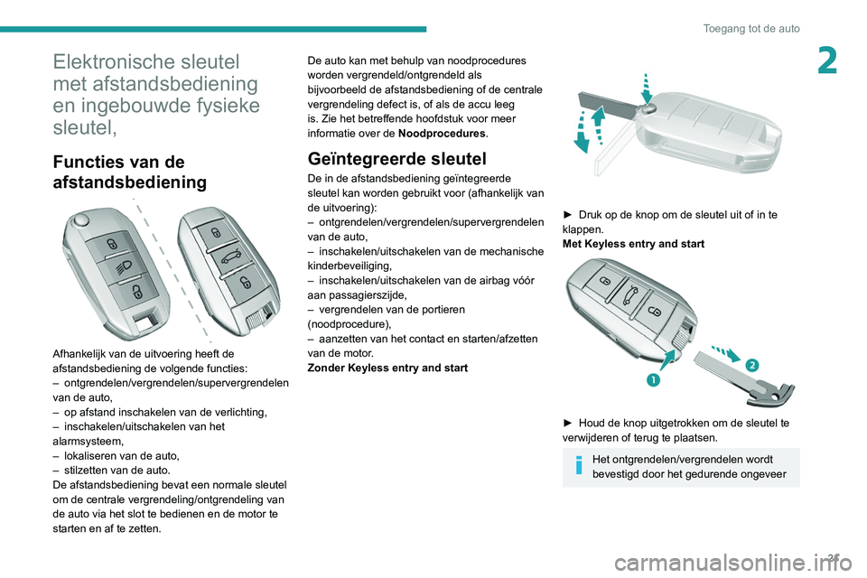 Peugeot 308 2021  Handleiding (in Dutch) 21
Toegang tot de auto
2Elektronische sleutel 
met afstandsbediening 
en ingebouwde fysieke 
sleutel,
Functies van de 
afstandsbediening
 
 
Afhankelijk van de uitvoering heeft de 
afstandsbediening d