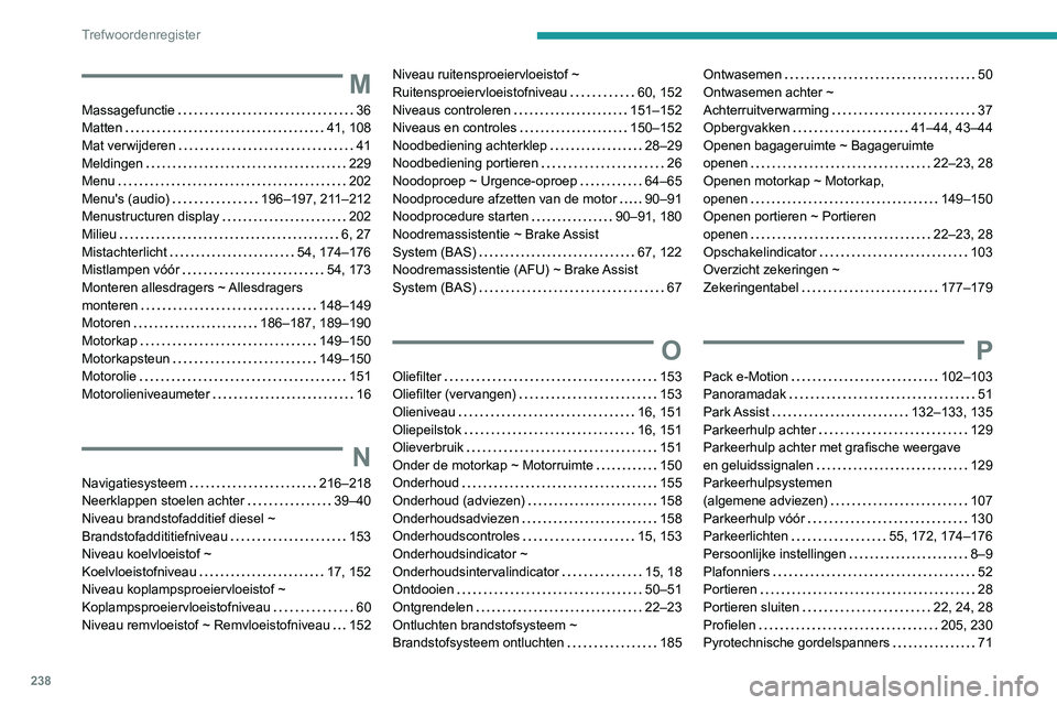 Peugeot 308 2021  Handleiding (in Dutch) 238
Trefwoordenregister
M
Massagefunctie     36
Matten     
41, 108
Mat verwijderen
    
41
Meldingen
    
229
Menu
    
202
Menu's (audio)
    
196–197, 211–212
Menustructuren display
    
20