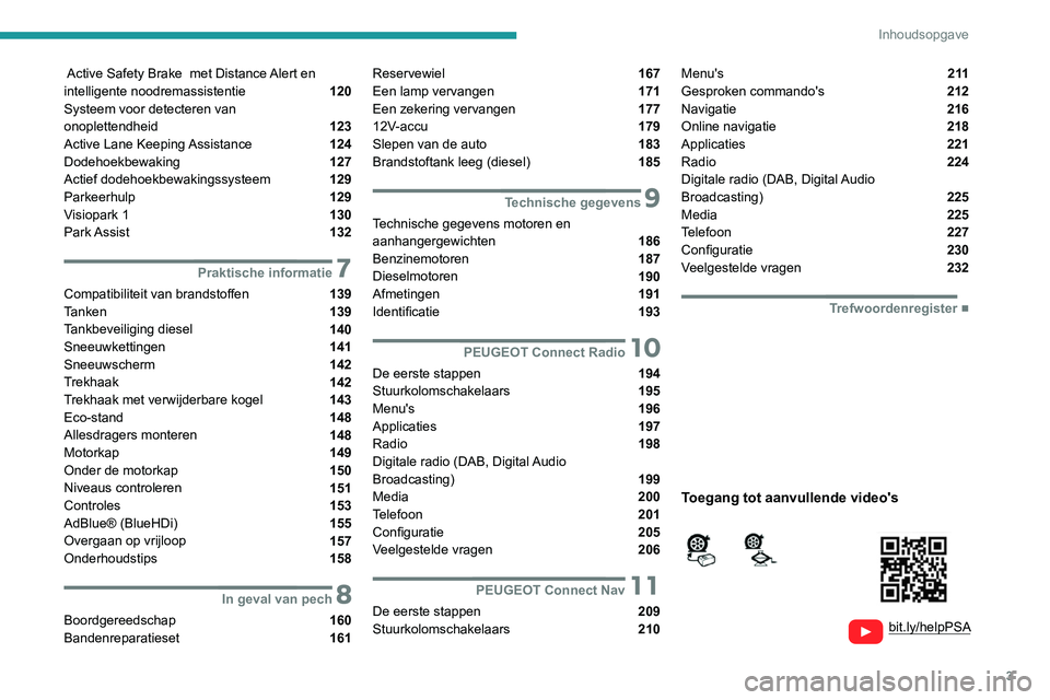 Peugeot 308 2021  Handleiding (in Dutch) 3
Inhoudsopgave
  
  
bit.ly/helpPSA 
 
 
 Active Safety Brake  met Distance Alert en 
intelligente noodremassistentie  120
Systeem voor detecteren van  
onoplettendheid 
 123
Active Lane Keeping Assi