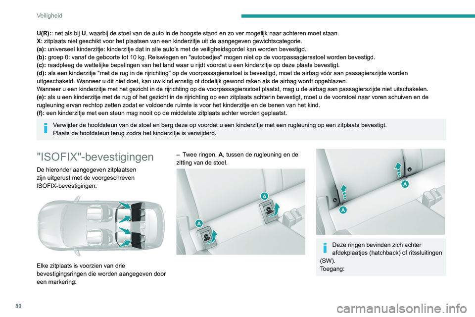 Peugeot 308 2021 Handleiding (in Dutch) 80
Veiligheid
U(R):: net als bij U, waarbij de stoel van de auto in de hoogste stand en zo ver mogelijk na\
ar achteren moet staan.
X: zitplaats niet geschikt voor het plaatsen van een kinderzitje uit Peugeot 308 2021 Handleiding (in Dutch) 80
Veiligheid
U(R):: net als bij U, waarbij de stoel van de auto in de hoogste stand en zo ver mogelijk na\
ar achteren moet staan.
X: zitplaats niet geschikt voor het plaatsen van een kinderzitje uit