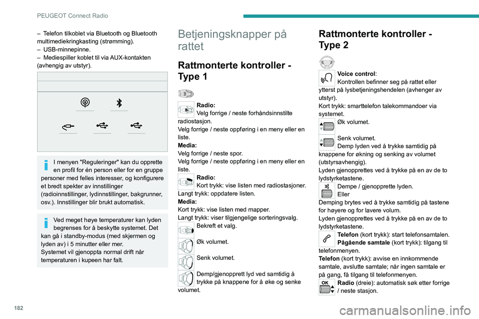 Peugeot 308 2021  Brukerhåndbok (in Norwegian) 182
PEUGEOT Connect Radio
Media (dreie): forrige / neste spor, søke seg i 
listen.
Kort trykk: bekrefte et valg; hvis ingen valgt, 
tilgang til forhåndsinnstillinger.
Radio: vise listen over stasjon