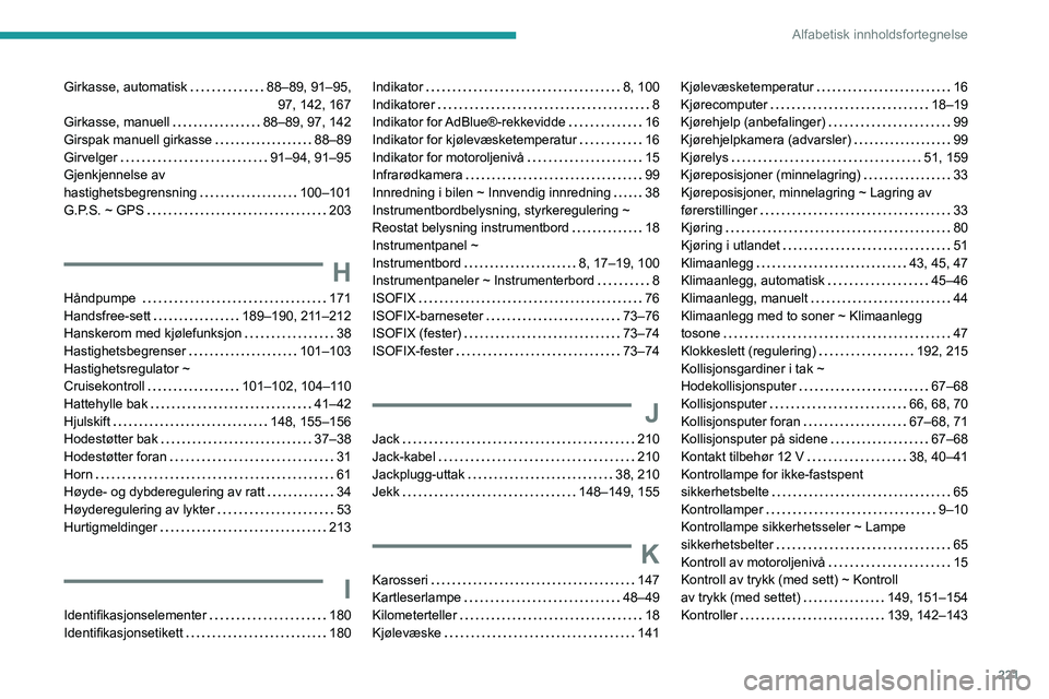 Peugeot 308 2021 Brukerhåndbok (in Norwegian) 221
Alfabetisk innholdsfortegnelse
Girkasse, automatisk 88–89, 91–95,
97, 142, 167
Girkasse, manuell
88–89, 97, 142
Girspak manuell girkasse
88–89
Girvelger
91–94, 91–9 Peugeot 308 2021 Brukerhåndbok (in Norwegian) 221
Alfabetisk innholdsfortegnelse
Girkasse, automatisk 88–89, 91–95,
97, 142, 167
Girkasse, manuell
88–89, 97, 142
Girspak manuell girkasse
88–89
Girvelger
91–94, 91–9
