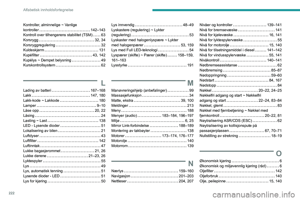 Peugeot 308 2021  Brukerhåndbok (in Norwegian) 222
Alfabetisk innholdsfortegnelse
Kontroller, alminnelige ~ Vanlige  
kontroller    
142–143
Kontroll over tilhengerens stabilitet (TSM)
    
63
Korsrygg
    
32, 34
Korsryggregulering
    
32
Kuld