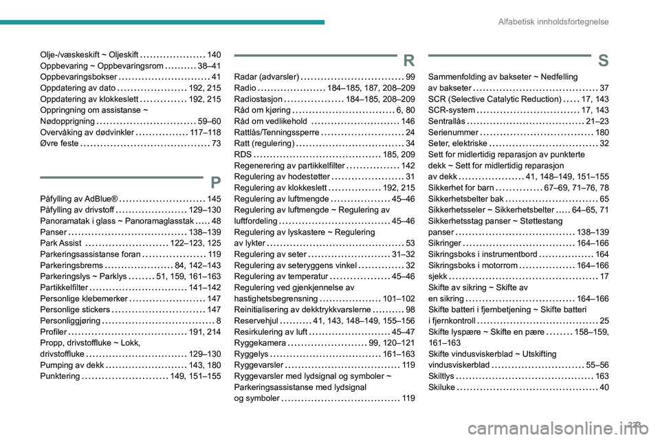 Peugeot 308 2021  Brukerhåndbok (in Norwegian) 223
Alfabetisk innholdsfortegnelse
Olje-/væskeskift ~ Oljeskift    140
Oppbevaring ~ Oppbevaringsrom     
38–41
Oppbevaringsbokser
    
41
Oppdatering av dato
    
192, 215
Oppdatering av klokkesle