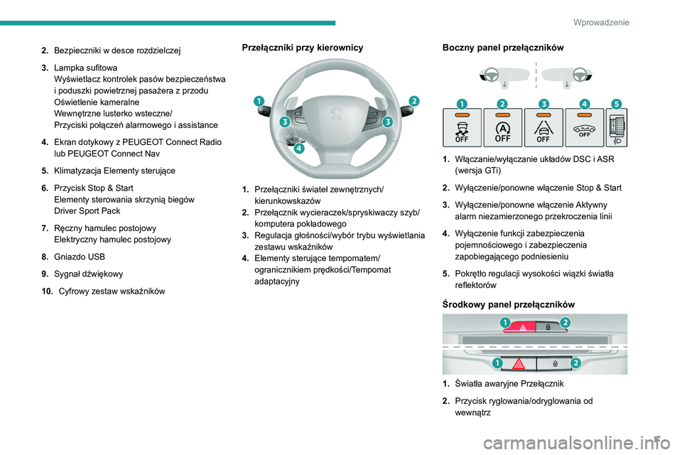 Peugeot 308 2021  Instrukcja Obsługi (in Polish) 5
Wprowadzenie
2.Bezpieczniki w desce rozdzielczej
3. Lampka sufitowa
Wyświetlacz kontrolek pasów bezpieczeństwa 
i poduszki powietrznej pasażera z przodu
Oświetlenie kameralne
Wewnętrzne luster