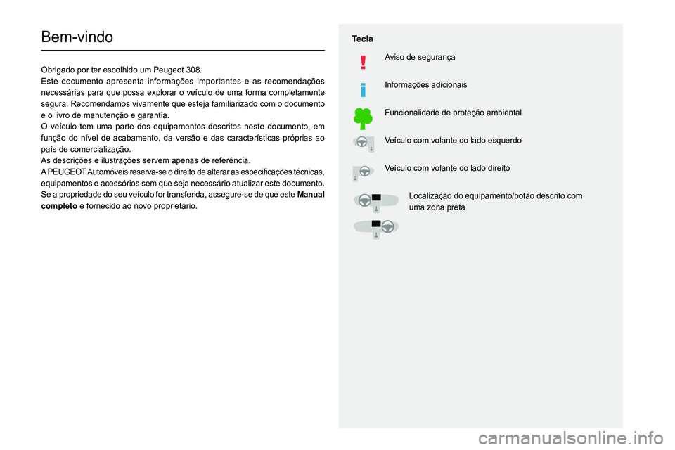 Peugeot 308 2021  Manual do proprietário (in Portuguese)   
 
 
 
  
   
   
 
  
 
  
 
 
   
 
 
   
 
 
  
Bem-vindo
Obrigado por ter escolhido um Peugeot 308.
Este documento apresenta informações importantes e as recomendações 
necessárias para que