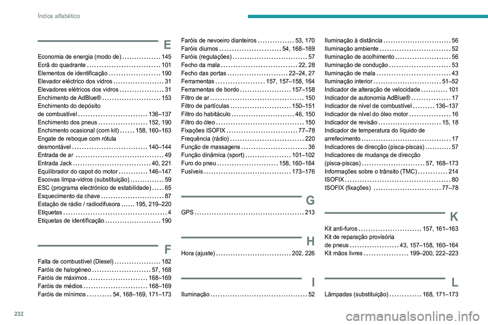 Peugeot 308 2021 Manual do proprietário (in Portuguese) 232
Índice alfabético
E
Economia de energia (modo de) 145
Ecrã do quadrante
101
Elementos de identificação
190
Elevador eléctrico dos vidros
31
Elevadores elétricos dos vidro Peugeot 308 2021 Manual do proprietário (in Portuguese) 232
Índice alfabético
E
Economia de energia (modo de) 145
Ecrã do quadrante
101
Elementos de identificação
190
Elevador eléctrico dos vidros
31
Elevadores elétricos dos vidro