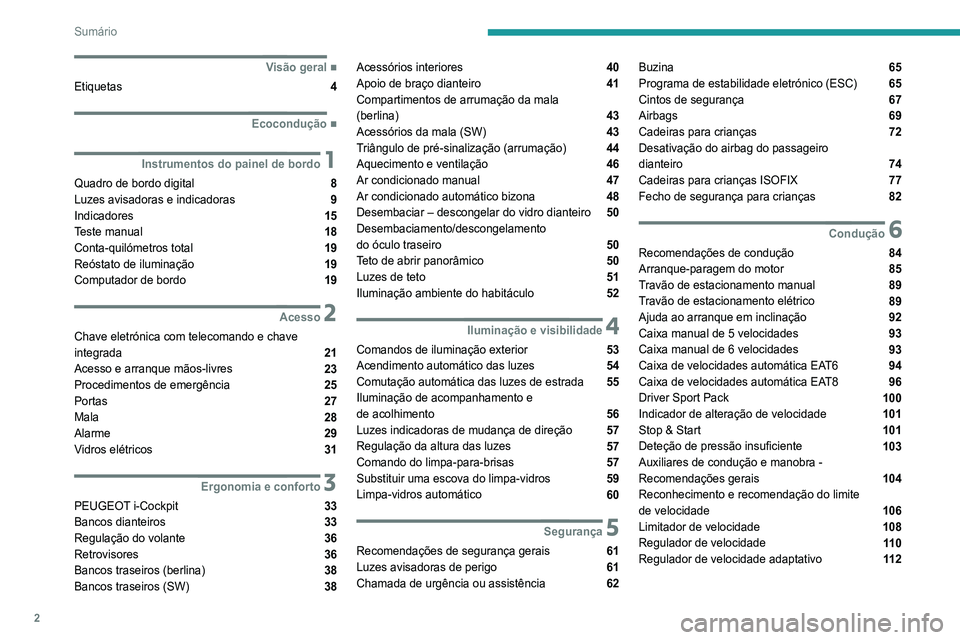 Peugeot 308 2021  Manual do proprietário (in Portuguese) 2
Sumário
 
 
 
 
 
   ■
Visão geral
Etiquetas  4
  ■
Ecocondução
 1Instrumentos do painel de bordo
Quadro de bordo digital  8
Luzes avisadoras e indicadoras  9
Indicadores  15
Teste manua