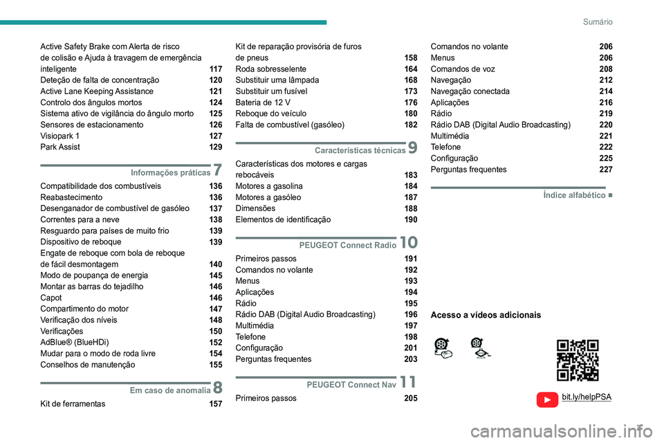 Peugeot 308 2021  Manual do proprietário (in Portuguese) 3
Sumário
  
  
bit.ly/helpPSA 
 
 
Active Safety Brake com Alerta de risco  
de colisão e Ajuda à travagem de emergência 
inteligente 
 11 7
Deteção de falta de concentração  120
Active Lane 