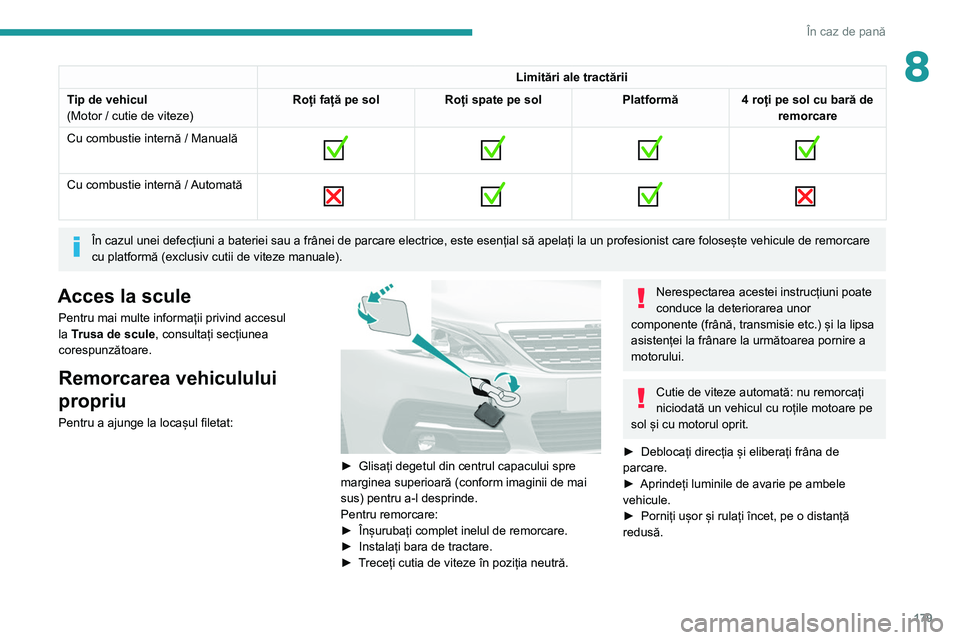 Peugeot 308 2021 Manualul de utilizare (in Romanian) 179
În caz de pană
8Limitări ale tractării
Tip de vehicul
(Motor / cutie de viteze) Roți față pe sol
Roți spate pe sol Platformă4 roți pe sol cu bară de
remorcare
Cu combustie internă / M Peugeot 308 2021 Manualul de utilizare (in Romanian) 179
În caz de pană
8Limitări ale tractării
Tip de vehicul
(Motor / cutie de viteze) Roți față pe sol
Roți spate pe sol Platformă4 roți pe sol cu bară de
remorcare
Cu combustie internă / M