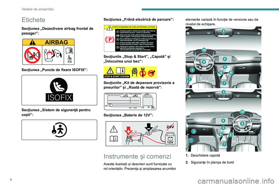 Peugeot 308 2021  Manualul de utilizare (in Romanian) 4
Vedere de ansamblu
Etichete
Secțiunea „Dezactivare airbag frontal de 
pasager”:
 
 
Secțiunea „Puncte de fixare ISOFIX”: 
������
 
Secțiunea „Sistem de siguranță pentru 
copii”:
 
 