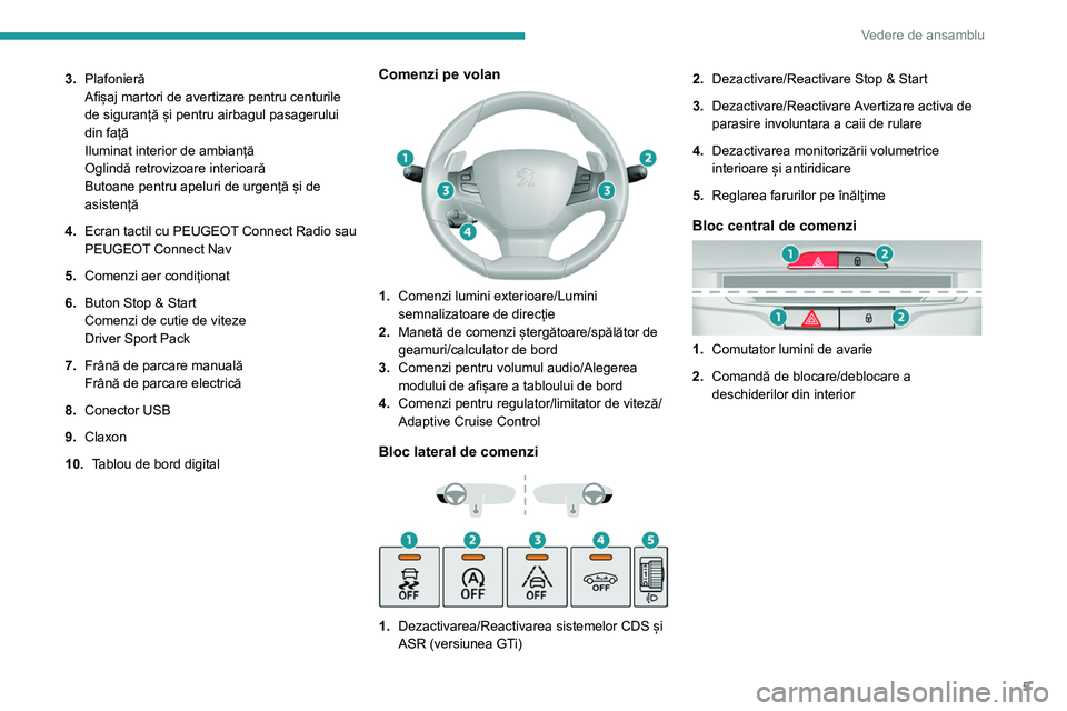 Peugeot 308 2021  Manualul de utilizare (in Romanian) 5
Vedere de ansamblu
3.Plafonieră
Afișaj martori de avertizare pentru centurile 
de siguranță și pentru airbagul pasagerului 
din față
Iluminat interior de ambianță
Oglindă retrovizoare inte