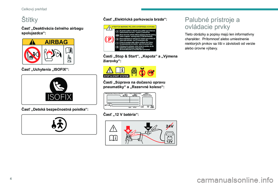 Peugeot 308 2021  Užívateľská príručka (in Slovak) 4
Celkový prehľad
Štítky
Časť „Deaktivácia čelného airbagu 
spolujazdca“:
 
 
Časť „Uchytenia „ISOFIX“: 
������
 
Časť „Detská bezpečnostná poistka“: 
 
Časť „Elektri