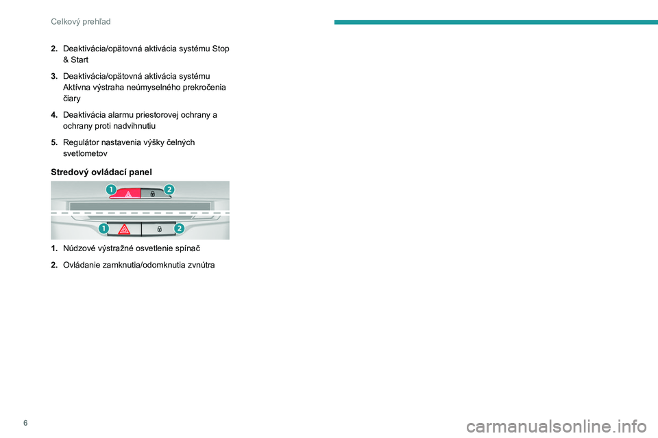 Peugeot 308 2021  Užívateľská príručka (in Slovak) 6
Celkový prehľad
2.Deaktivácia/opätovná aktivácia systému Stop 
& Start
3. Deaktivácia/opätovná aktivácia systému 
Aktívna výstraha neúmyselného prekročenia 
čiary
4. Deaktivácia a