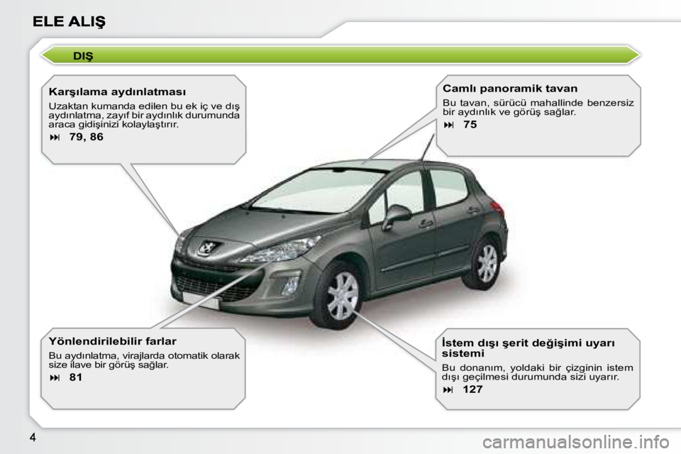 Peugeot 308 2007.5  Kullanım Kılavuzu (in Turkish) �D�I�Ş
�K�a�r�ş�ı�l�a�m�a� �a�y�d�ı�n�l�a�t�m�a�s�ı
�U�z�a�k�t�a�n� �k�u�m�a�n�d�a� �e�d�i�l�e�n� �b�u� �e�k� �i�ç� �v�e� �d�ı�ş� �a�y�d�ı�n�l�a�t�m�a�,� �z�a�y�ı�f� �b�i�r� �a�y�d�ı�n�l�ı