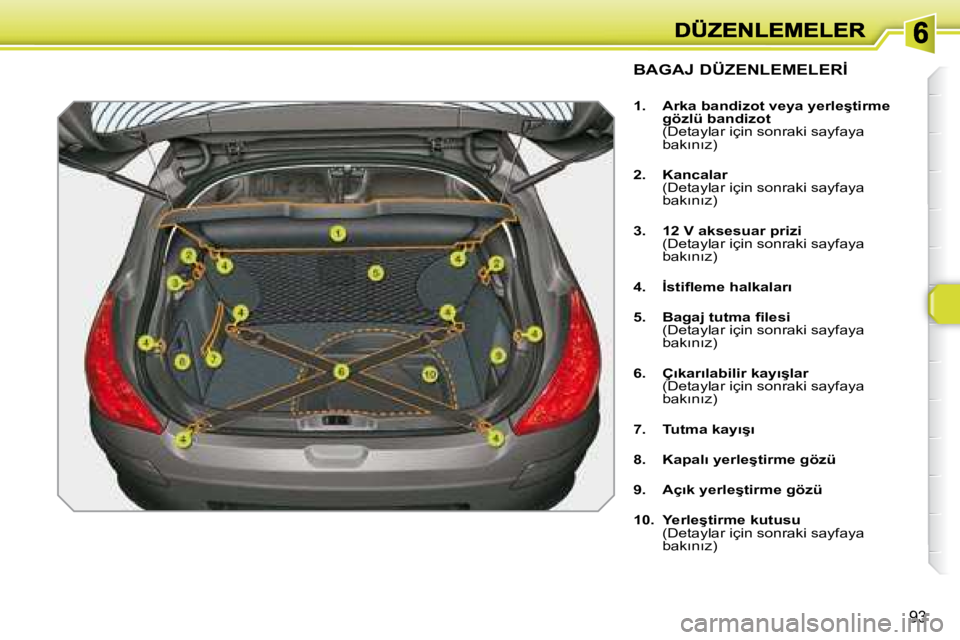 Peugeot 308 2007.5  Kullanım Kılavuzu (in Turkish) �9�3
�B�A�G�A�J� �D�Ü�Z�E�N�L�E�M�E�L�E�R�İ
�1�.�  �A�r�k�a� �b�a�n�d�i�z�o�t� �v�e�y�a� �y�e�r�l�e�ş�t�i�r�m�e� �g�ö�z�l�ü� �b�a�n�d�i�z�o�t�(�D�e�t�a�y�l�a�r� �i�ç�i�n� �s�o�n�r�a�k�i� �s�a�y�