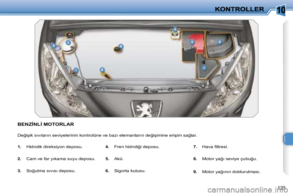 Peugeot 308 2007.5  Kullanım Kılavuzu (in Turkish) 10
133
�B�E�N�Z�İ�N�L�İ� �M�O�T�O�R�L�A�R
�D�e�ğ�i�ş�i�k� �s�ı�v�ı�l�a�r�ı�n� �s�e�v�i�y�e�l�e�r�i�n�i�n� �k�o�n�t�r�o�l�ü�n�e� �v�e� �b�a�z�ı� �e�l�e�m�a�n�l�a�r�ı�n� �d�e�ğ�i�ş�i�m�i�n�e